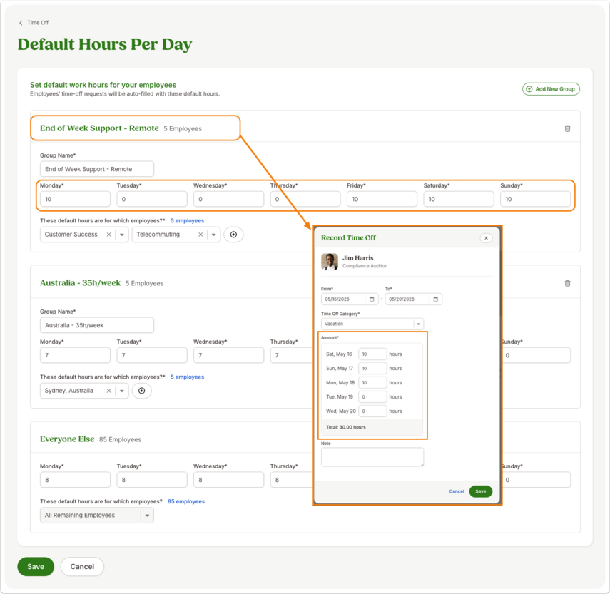 This image shows the Default Hours Per Day screen and shows the correlation between a group that works four ten-hour days and a time off request of an employee in that group. The time off request shows the amount of time off as 10 hours on each of the corresponding days.