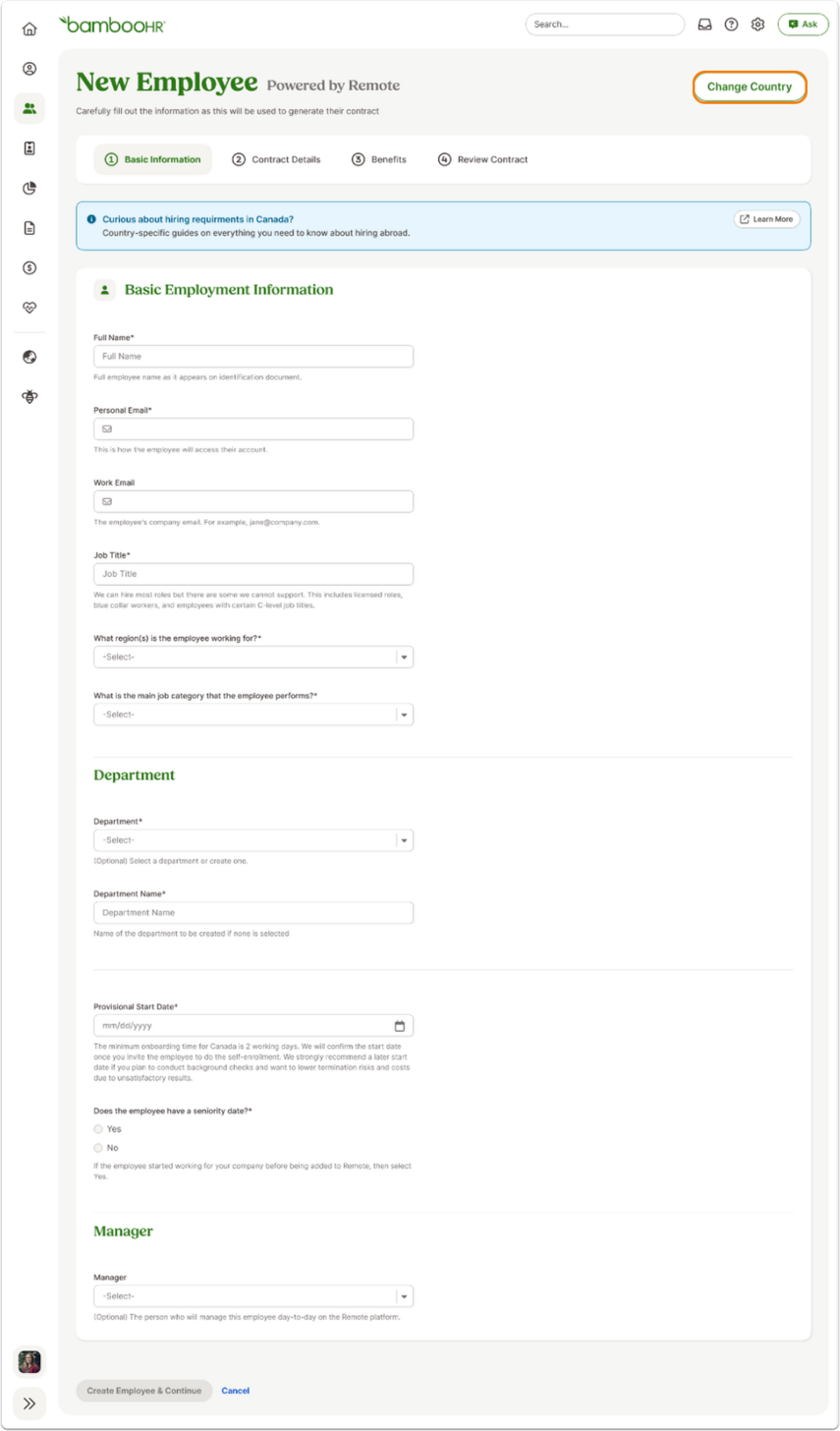 Form fields for employee’s basic info such as Name, Address, Email, Country. Button at bottom reads Create Employee & Continue, and one reads Cancel.