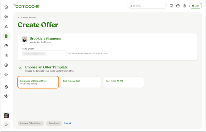 Offer creation page showing template Employer of Record Offer.