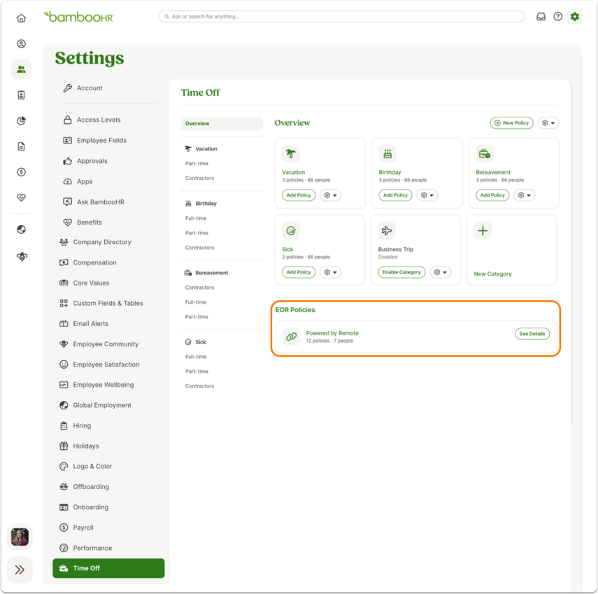 BambooHR Settings > Time Off page showing a new section “EOR Policies.” Each policy has a color-coded icon. Policies that sync with Remote are framed in orange outline and has option to See Details.