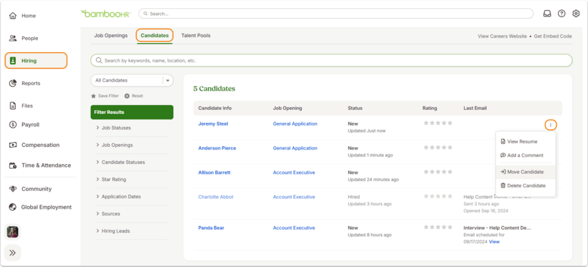 Screenshot of the BambooHR dashboard. In the left sidebar, the Hiring tab is outlined. The main panel displays the Candidates page with five candidates listed in a table. Columns shown: Candidate Info, Job Opening, Status, Rating, and Last Email. The row for Jeremy Steel is expanded with a menu showing options: View Resume, Add a Comment, Move Candidate, and Delete Candidate.