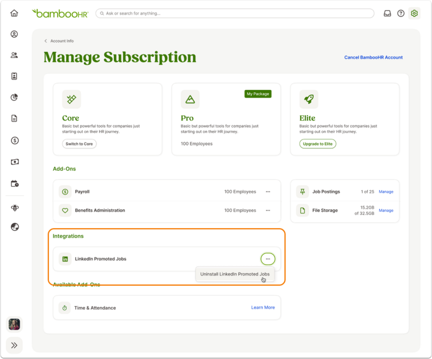 Screenshot of Settings > Manage Subscription. The main panel shows package tiles (Core, Pro, Elite) and Add-Ons. In the Integrations section, LinkedIn Promoted Jobs is listed with a button labeled Uninstall LinkedIn Promoted Jobs highlighted.