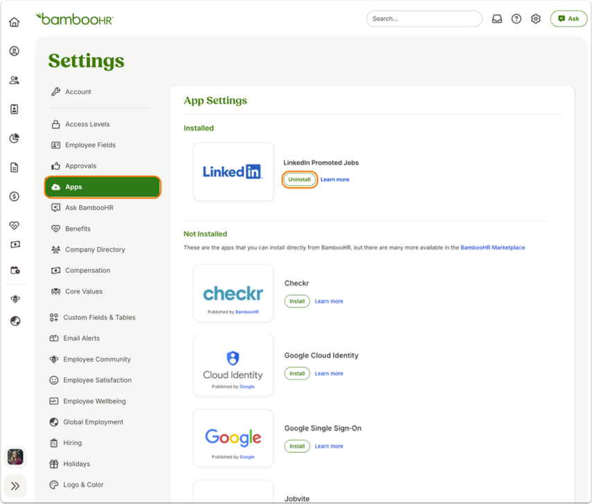 Screenshot of Settings > Apps. Under Installed, the LinkedIn Promoted Jobs tile has an orange Uninstall button. Other available apps include Checkr, Cloud Identity, and Google Single Sign-On.