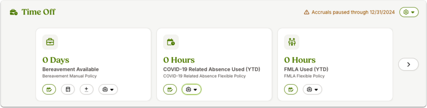Screenshot of an employee’s Time Off tab. Several time off categories are displayed in separate boxes, each showing “0 Days” or “0 Hours” with the policy name (e.g., Bereavement, COVID-19 Related Absence, FMLA). An orange warning in the top-right indicates accruals are paused until a future date.