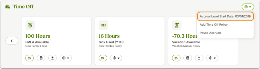 Screenshot of the Time Off section where an employee’s categories display available hours and policies. A dropdown menu is expanded for one category, showing “Accrual Level Start Date” with a sample past date. The accrual level start date field is outlined in orange to emphasize where users can verify or correct this setting.