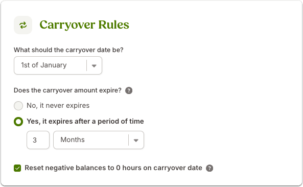 Screenshot of the “Carryover Rules” section in BambooHR time off policy settings. The dropdown “What should the carryover date be?” is set to “1st of January.” Below it, the option “Does the carryover amount expire?” is shown with two radio buttons: “No, it never expires” and “Yes, it expires after a period of time.” The second option is selected, with fields set to “3 Months.” At the bottom, a checkbox is selected for “Reset negative balances to 0 hours on carryover date.”