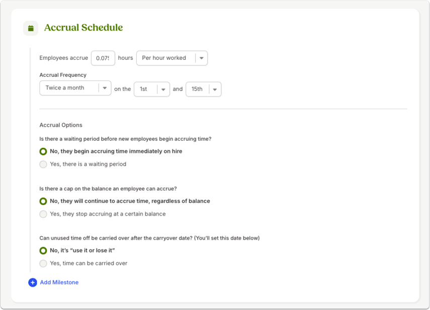 Screenshot of the Accrual Schedule in Time Off policy settings configured for per-hour accrual. The field “Employees accrue 0.075 hours per hour worked” is displayed, with frequency set to “Twice a month on the 1st and 15th.” Options for waiting periods, balance caps, and carryover are visible. The highlighted section confirms that employees begin accruing immediately on hire and that carryover is enabled, demonstrating how a per-hour worked accrual policy is set up.