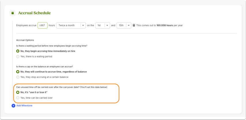Screenshot of the Time Off policy settings page highlighting the Accrual Schedule section. The image demonstrates where administrators verify and adjust the carryover amount and related rules. The section for carryover is outlined to draw attention to the setting that determines how much unused time off can move into the next year.