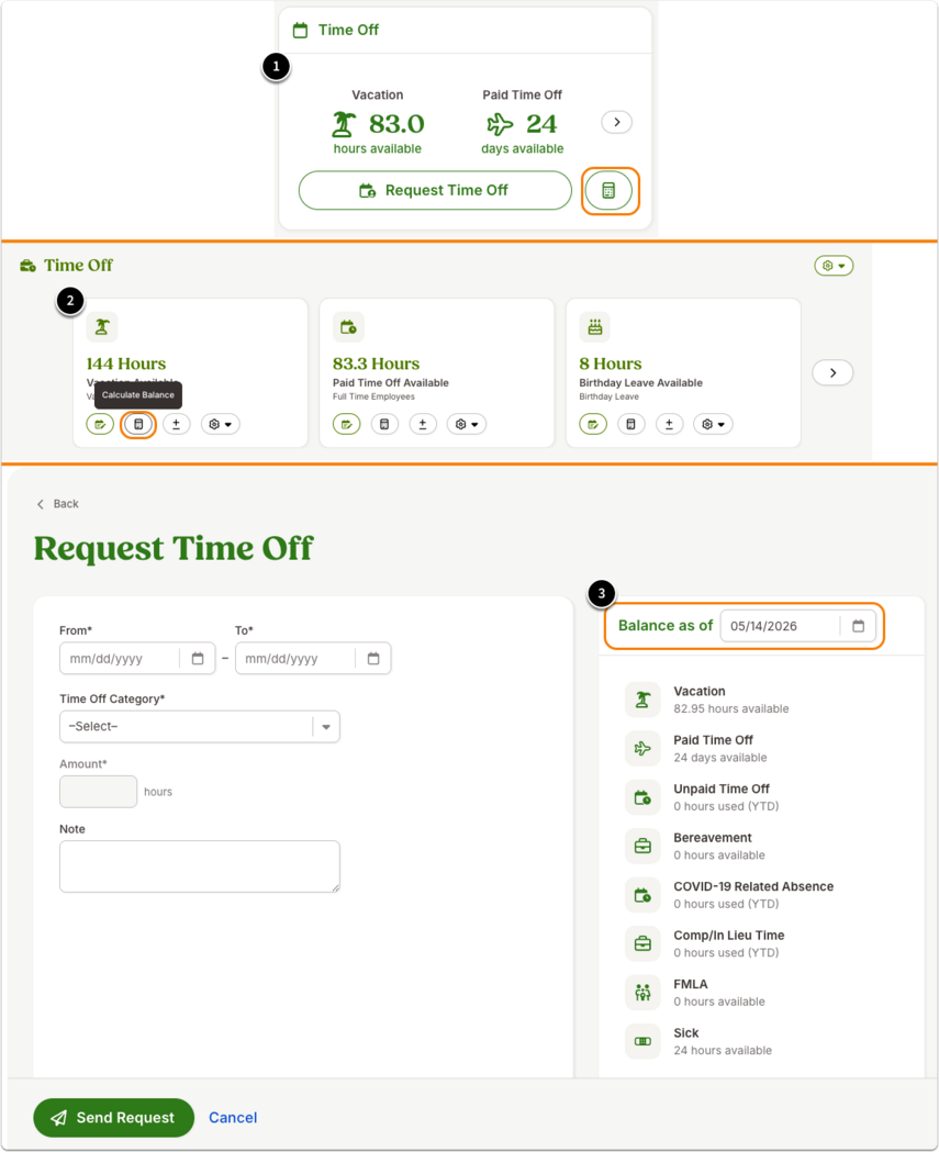 Screenshot of the Time Off tab on an employee profile showing multiple time off category cards, each with an available balance displayed. One card shows a Calculate Balance calculator icon. This demonstrates how employees can access the accrual calculator directly from any time off category card to project future balances.