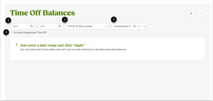 Screenshot of the Time Off Balances report settings in BambooHR. The image demonstrates where administrators set the reporting period, choose a specific time off category, filter employees by standard filters, and optionally include unapproved time off. These settings determine which balances and details appear in the generated report.