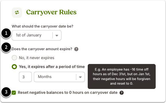 Screenshot of the Carryover Rules section of the policy setup, with numbered settings for rollover handling: (1) Carryover Date – choose when carryover applies, such as the start of the year, employee hire date, or a custom date; (2) Carryover Expiration – define if and when carried-over balances expire; and (3) Reset Negative Balance – an option to enable a checkbox to reset employees with a negative balance to zero on the carryover date. These settings ensure balances remain compliant with company rollover policies.