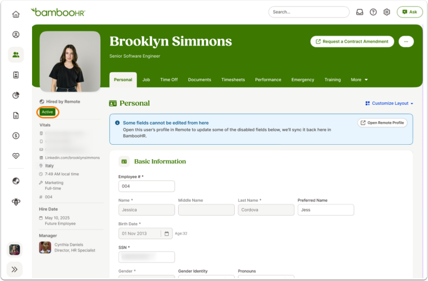 Employee profile page with status bar. Table lists statuses: Draft Created (blue), Reserve Payment Required (orange), Ready to Invite (blue), Onboarding Pending (orange), Active (green), Amendment Pending (orange), Offboarding Pending (orange), Onboarding Canceled (grey), Offboarding Approved (grey).