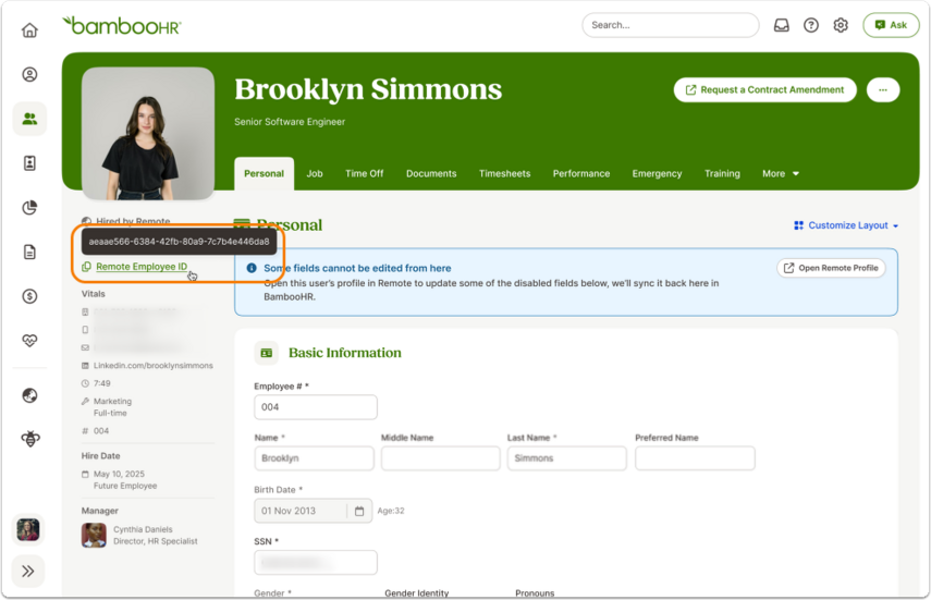 Employee profile showing Remote Employee ID in the left section.