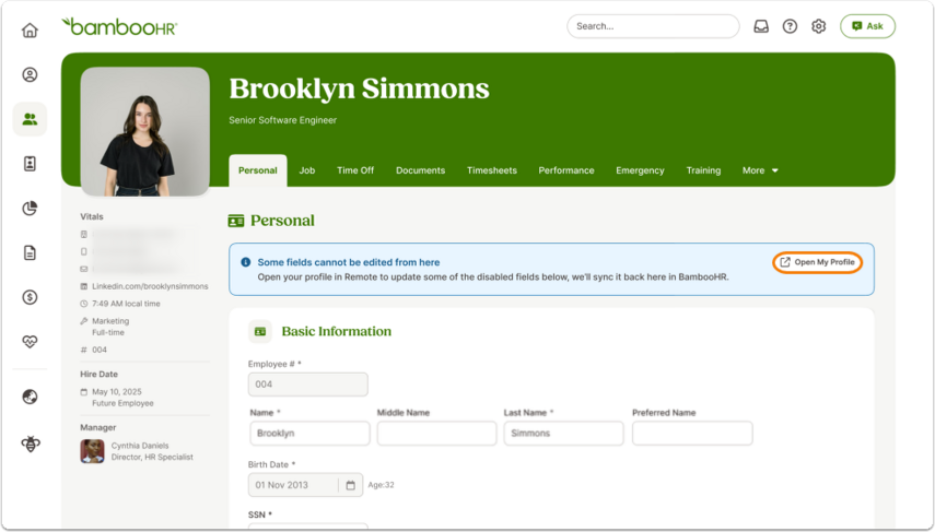 Employee profile with a highlighted note “This information is managed in Remote.” Button to "Open My Profile".