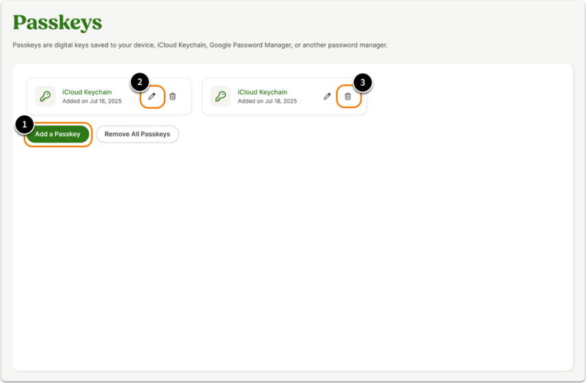 Screenshot of the Passkeys management page in BambooHR. Two saved passkeys labeled iCloud Keychain appear in a list. Each entry includes a pencil icon for rename and a trash icon for delete. At the bottom, buttons read Add a Passkey and Remove All Passkeys, with the Add button outlined in orange. Numbered annotations (1–3) correspond to instructions for adding, renaming, and deleting passkeys.