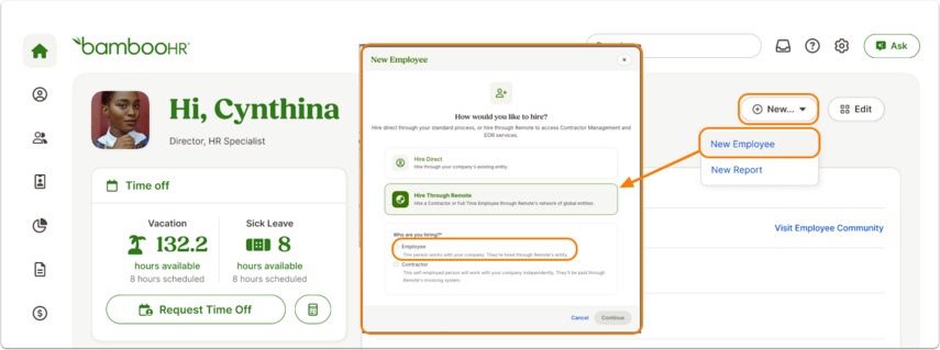 Dashboard page with a dropdown under + New. Highlighted option: New Employee > Hire Globally.