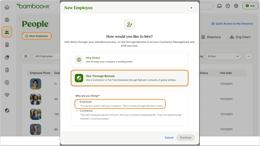 People tab with employee list. A popup window titled New Employee shows two options: Hire Locally and Hire Globally. The latter is highlighted with an orange outline.
