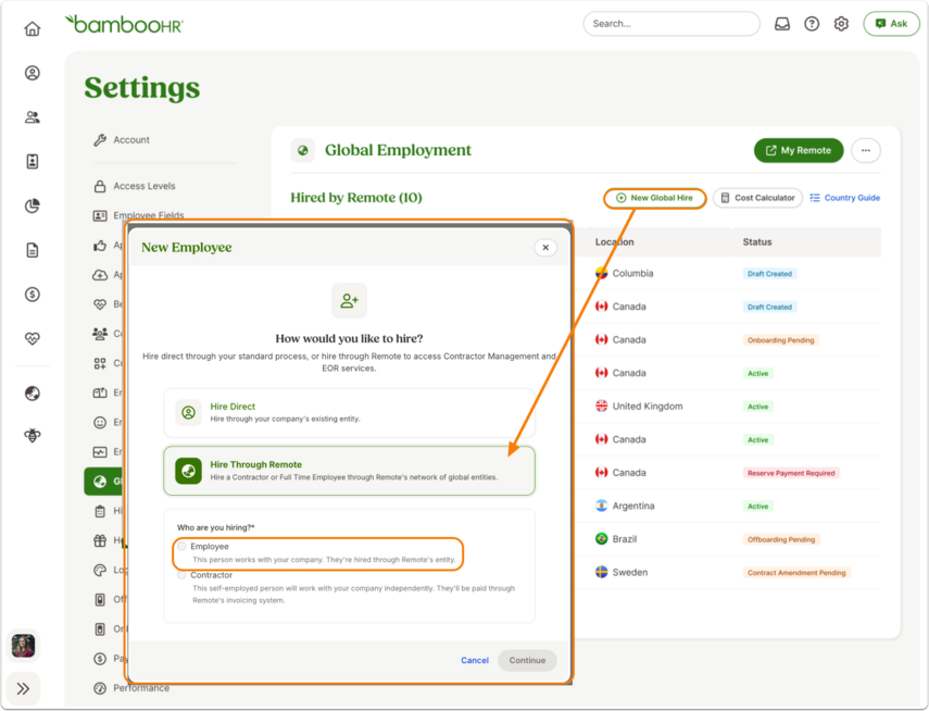 Global Employment page with + New Global Hire popup. The option Hire Globally is highlighted with an orange outline.