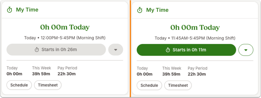 In this image, the company has a grace period of 10 minutes before the shift starts. The grayed-out button tells you that your shift starts soon, but does not turn green until you are within 10 minutes of your scheduled shift.