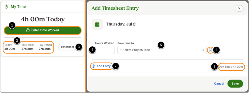 This image shows the Total Hours Worked - Multiple entries throughout the day time tracking method. The image highlights parts of the My Time widget. The highlights correspond with the following numbers: 1.Enter Time Worked: Click Enter Time Worked to open the Add Timesheet Entry modal. 2.Today, This Week, Pay Period: Review daily, weekly, and pay period totals here.3.Timesheet: Click the Timesheet button to go to your Timesheet tab on your employee profile.4.Hours Worked: Enter time worked here. You can enter the time using decimals or in HH:MM format.5.Save time to...: If you select Work Hours and your company has enabled project tracking, you can attribute your time entry to a project or task here.6.Add Note: Click the note icon to add context to your time entry.7.Add Entry: If you need to add multiple entries, click Add Entry to add another time entry to the modal.8.Day Total: Quickly review the sum of your tracked time for the day.
