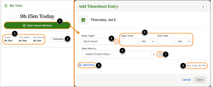 This image shows what the My Time widget looks like for an employee who has been assigned to use Start & End Times (without time clock). The image calls out specific parts of the widget and the Add Timesheet Entry modal. Callouts on the image correspond with the following numbers: 1.Enter Hours Worked: Click Enter Hours Worked to open the Add Timesheet Entry modal. 2.Breaks: If your company has enabled break tracking, you will see your assigned breaks here. Once you have recorded time for the break, you'll see a green check next to it.3.Today, This Week, Pay Period: Review daily, weekly, and pay period totals here.4.Timesheet: Click the Timesheet button to go to your Timesheet tab on your employee profile.5.Entry Type: If your company has enabled break tracking, determine if your entry is recording Work Hours or Break Time.6.Start Time/End Time: Enter time periods here. If you are entering multiple time entries at once (see #5), take care to ensure your entries do not overlap or you will not be able to save your entries.7.Save time to.../Break: If you select Work Hours (see #1) and your company has enabled project tracking, you can attribute your time entry to a project or task here. If your company has enabled break tracking and you select Break Time (see #1), this dropdown allows you to choose the break you are taking.8.Add Note: Click the note icon to add context to your time entry. If you are recording a break after it has happened, leaving a note is required.9.Add Entry: If you need to add multiple entries, click Add Entry to add another time entry to the modal.10.Day Total: Quickly review the sum of your tracked time for the day.