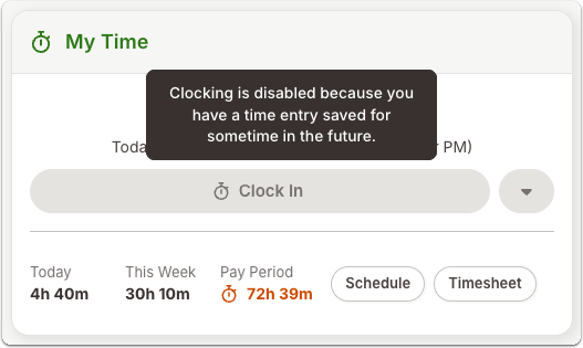This image shows an error employees may see if they try to clock in during a time that is already included in a time entry.