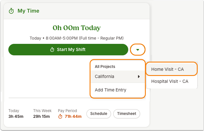 This image shows the My Time widget and highlights the dropdown arrow for project tracking.