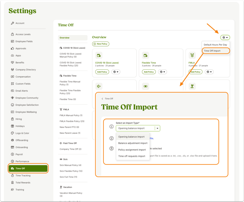 Screenshot of the BambooHR Settings menu with the Time Off section open. The main panel displays the Time Off Overview with boxes showing categories such as policies and balances. An orange arrow points to the gear icon in the top-right corner of the Overview panel, which is used to access the Time Off Import option. The left-hand navigation bar is visible with Time Off highlighted in green. At the top of the page, a yellow caution box advises users to first run a test import of a single line to catch formatting errors before proceeding with a full data import.