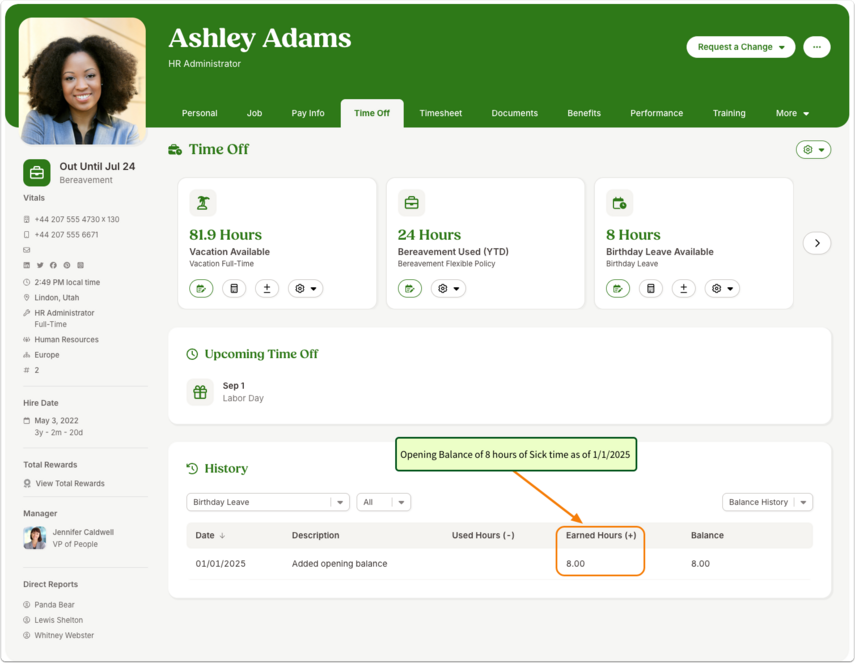 Screenshot of an employee’s Time Off tab in BambooHR, used for spot-checking after an import. The top section displays the employee’s available balances for various categories such as vacation, bereavement, and birthday leave. The middle section shows an Upcoming Time Off panel listing future requests, with a callout pointing to an example balance note for sick time. The History section below includes a record of added balances, with an orange highlight around the “Earned Hours” field to demonstrate where the imported data appears. This page shows how to verify that imported balances display correctly for an employee.  Opening Balances Template Example with Numbered Columns (Page 9, lower section) Spreadsheet example showing the format for importing opening balances. The table has five numbered columns labeled Employee Name, Employee #, Opening Balance, Time Off Category, and Effective Date. The rows contain sample employee data with positive and negative balances for categories such as sick leave, along with effective dates. The instructions note that Employee Name is for reference only and will not be imported, while Employee # must match BambooHR records.  Balance Adjustments Template Example with Numbered Columns (Page 10) Spreadsheet example showing the Balance Adjustments import template. Six numbered columns are displayed: Employee Name, Employee #, Balance Adjustment, Time Off Category, Comment, and Effective Date. Sample rows include employee IDs, adjustment values (positive and negative), category names such as vacation, comments like “Q1 Time Off Bonus,” and effective dates. The guidance below the screenshot explains that Employee Name is for reference only, adjustments should be entered as raw numbers without units, and the system will interpret them based on the category type.  Time Off Requests Template Example with Numbered Columns (Page 11) Spreadsheet example showing the PTO Requests import template. Six numbered columns are displayed: Employee Name, Employee #, Date, Time Off Category, Amount Requested, and Note. Sample data shows requests for categories like sick and vacation, with amounts expressed in fractions or whole numbers, and notes like “Stomach Flu” or “Family Vacation.” The text explains that consecutive dates in the spreadsheet automatically group into one request, requests must use a four-digit year format, and the Amount Requested field must align with the category’s unit type (days or hours). Notes compile across multi-day requests, and minus signs should not be entered.  Final Notes on Time Off Request Imports (Page 12) Instructional text emphasizing that imported time off requests are automatically assumed to be approved, bypassing the usual approval workflow and notifications. A reminder notes that if any date within a grouped multi-day request contains an error, the entire request will fail and must be re-imported. Another note highlights that Employee Name and Employee # can be copied from a custom report for efficiency. No interface screenshot is shown on this page.  ✅ That completes alt-text coverage for all images and instructional visuals in your PDF.  Would you like me to compile all of these alt-text paragraphs into a single ready-to-use list (one per image, in order), so you can directly add them into your help article system?