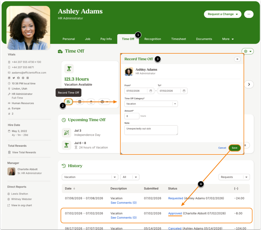 This image shows the process of recording time off for an employee. 1. go to the time off tab. 2. Click the Record time off button. 3. Fill out the request details. 4. Verify it in the time off history table.