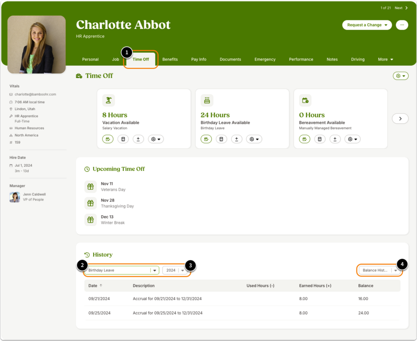 Screenshot of the Time Off tab on an employee profile, with numbered annotations. (1) Time Off tab in the top navigation bar, showing where to access time off history. The Time Off History table has three filters. (2) Time off category selector, used to filter by category. (3) Year drop-down menu, used to filter time off information by year or select All to view the full history. (4) History type filter, used to switch between viewing the history of time off requests or balances (earned/used).