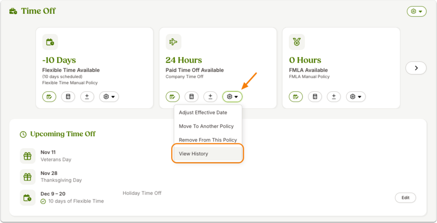 Screenshot of the View History modal. It lists the Current Paid Time Off Policy – Company Time Off and shows assignment and effective dates. At the bottom is a green Close button.