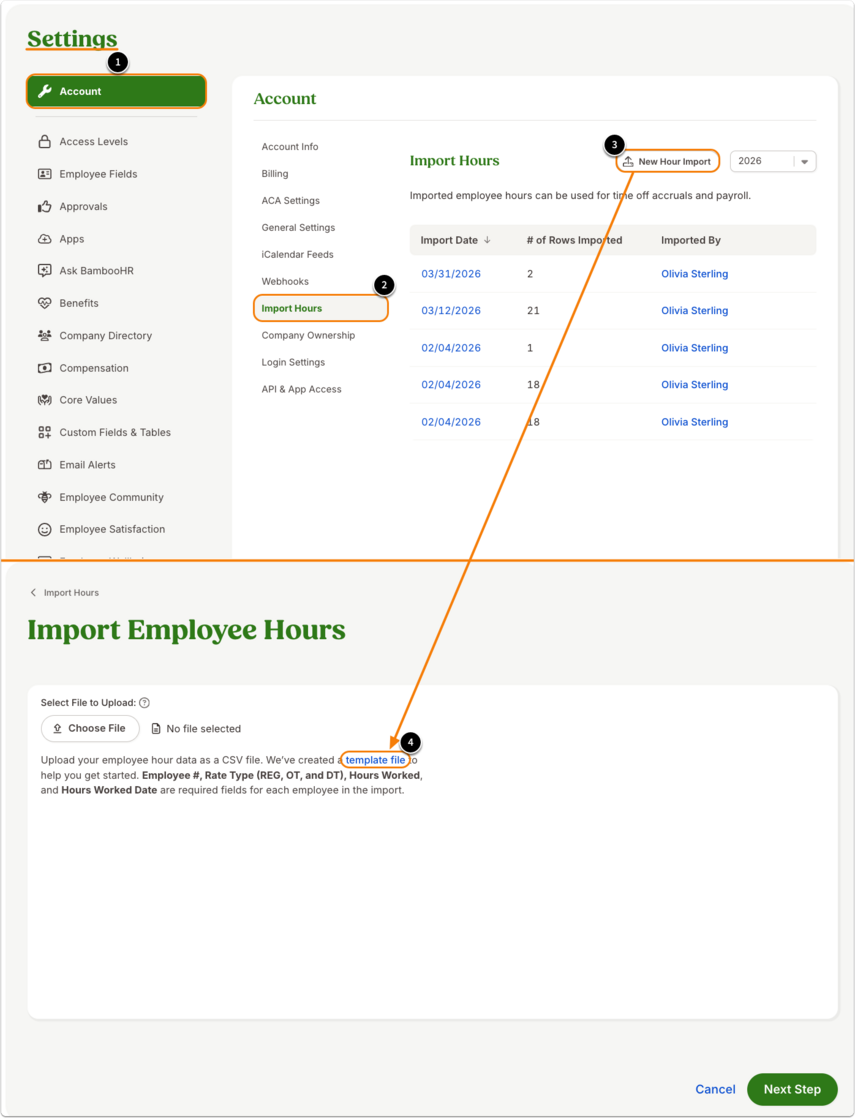An image that shows the process of finding the holiday hours importing template. From the BambooHR home screen, the cursor clicks Settings in the left-hand menu.Inside Settings, the cursor selects Account.The submenu expands, and the cursor clicks Import Hours.On the Import Hours page, the cursor selects New Hours Import.The page loads an import screen, where a link labeled Template File is clicked to download the import template.
